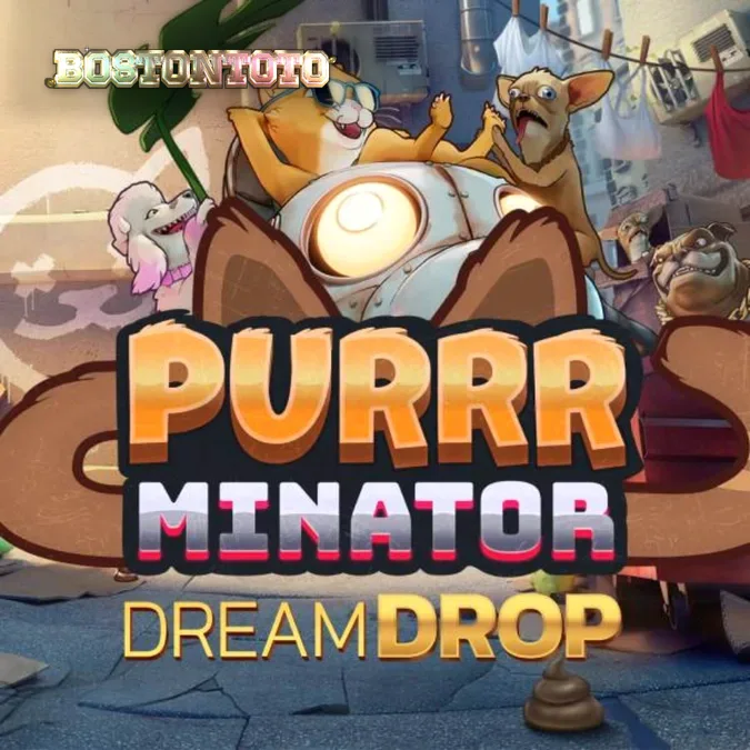 Tampilan visual slot Purrrminator Dream Drop dengan latar belakang lorong kota distopia yang penuh neon.